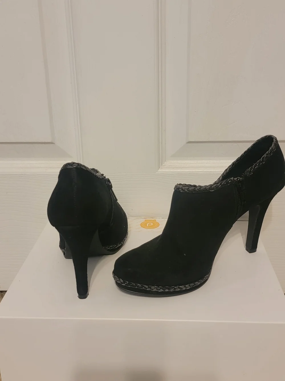 ANTONIO MELANI Black Suede Braided Trim High-Heel Ankle Booties